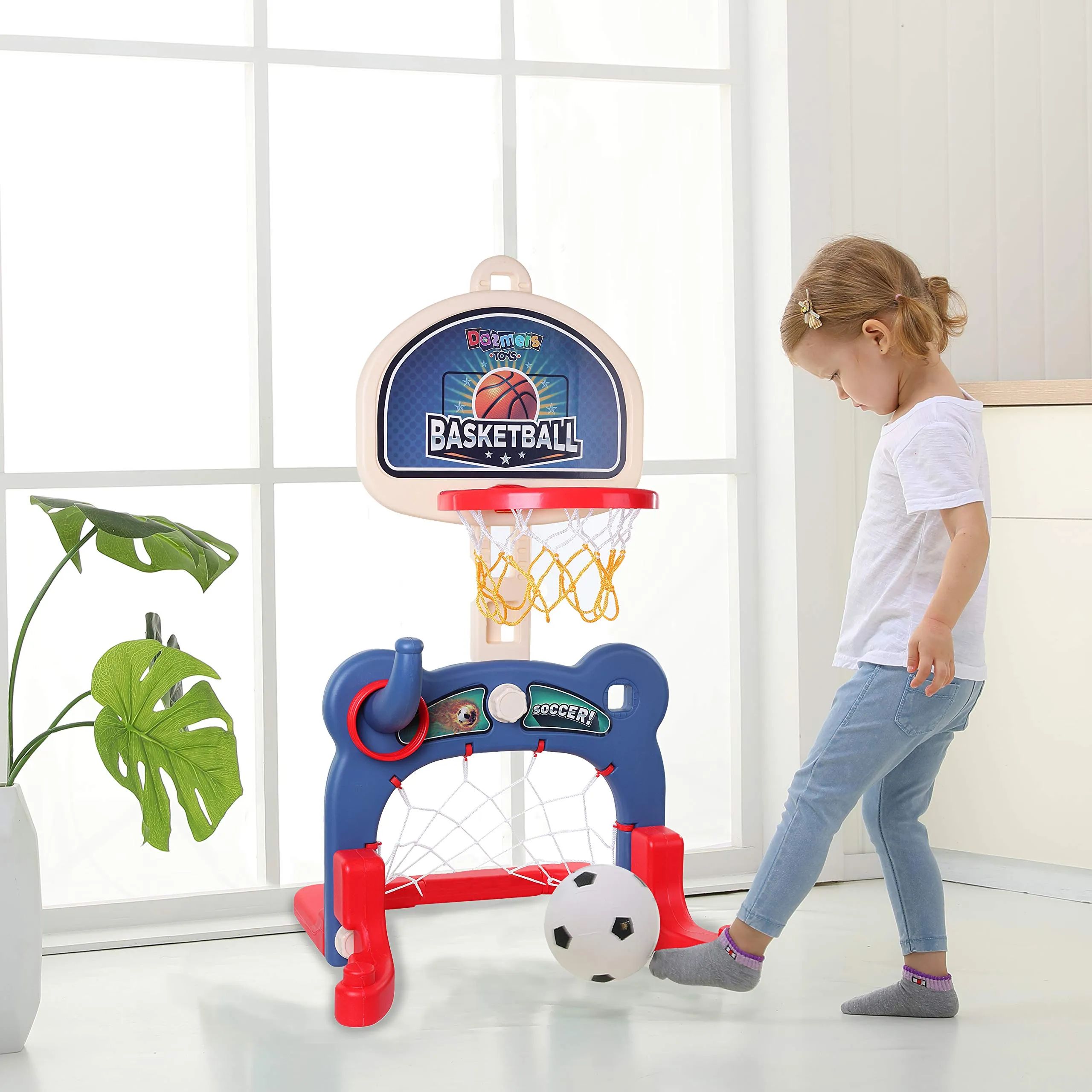 3-in-1 Kids Sports Center: Basketball Hoop, Soccer Goal, Ring Toss Playset - Indoor