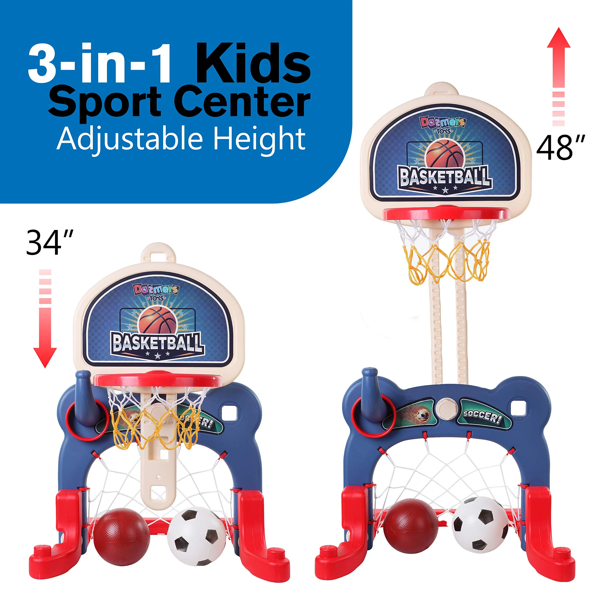 3-in-1 Kids Sports Center: Basketball Hoop, Soccer Goal, Ring Toss Playset - Indoor