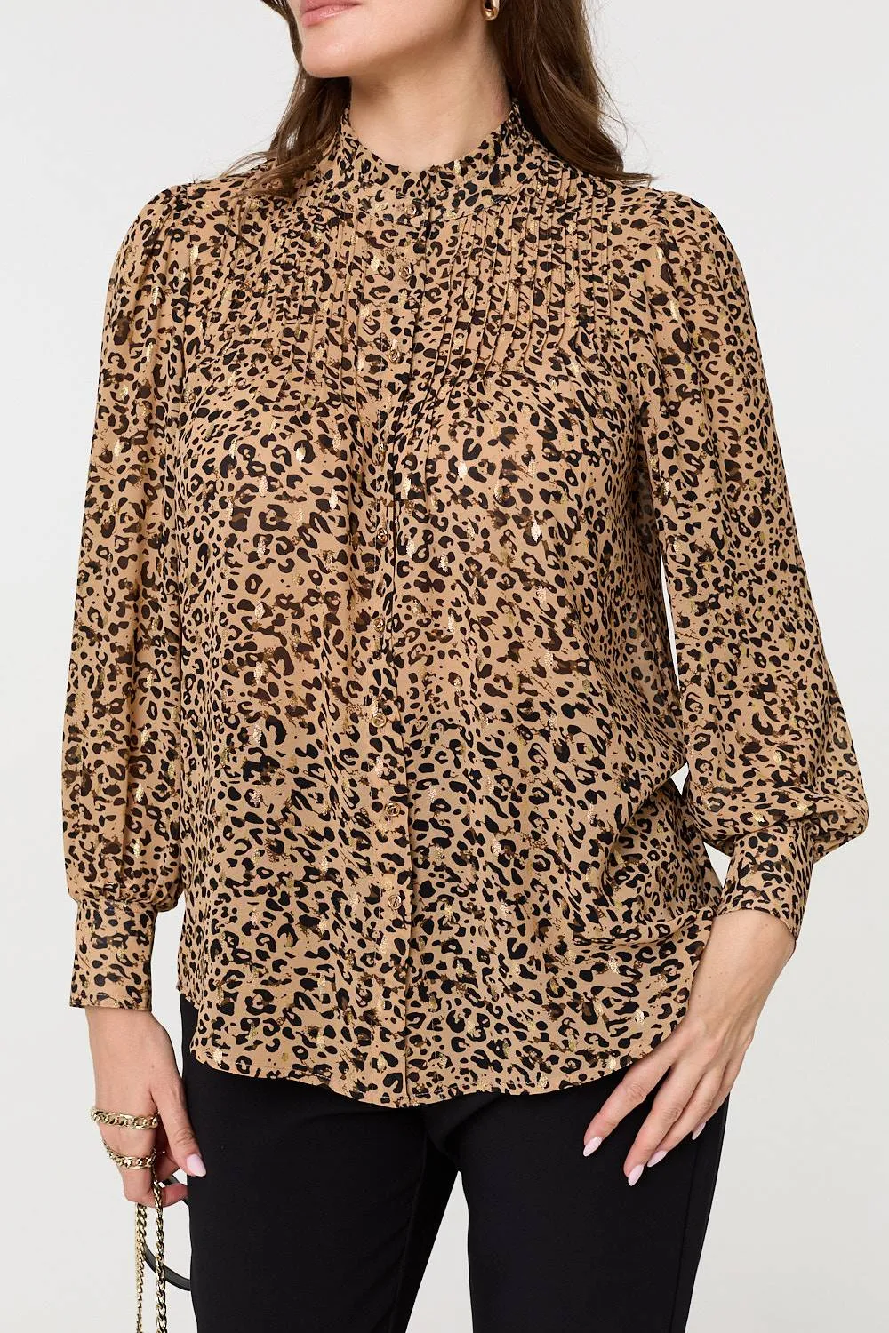 Animal Print High Neck Loose Fit Blouse