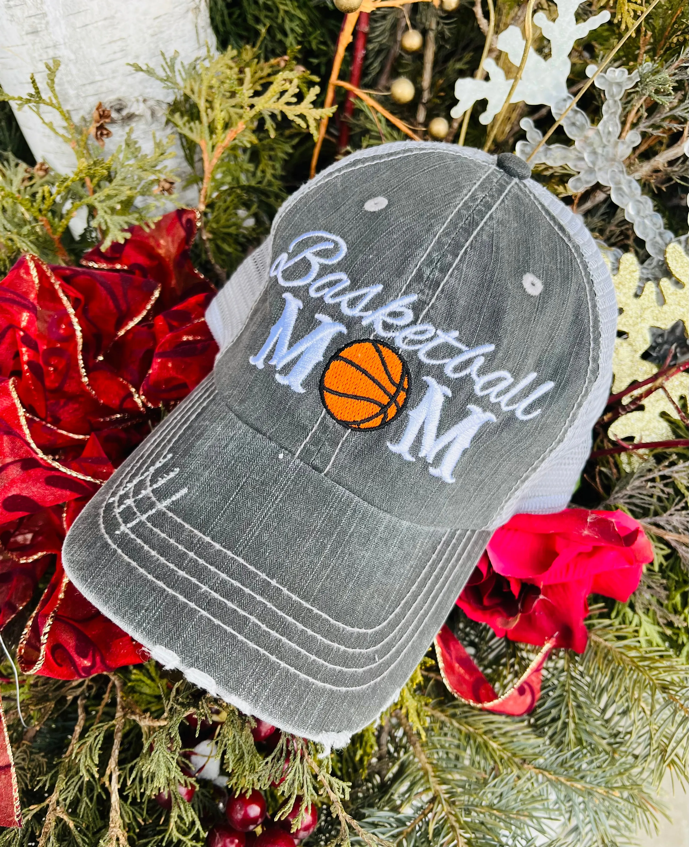 Basketball hats Basketball mom Personalized embroidered distressed gray womens trucker caps