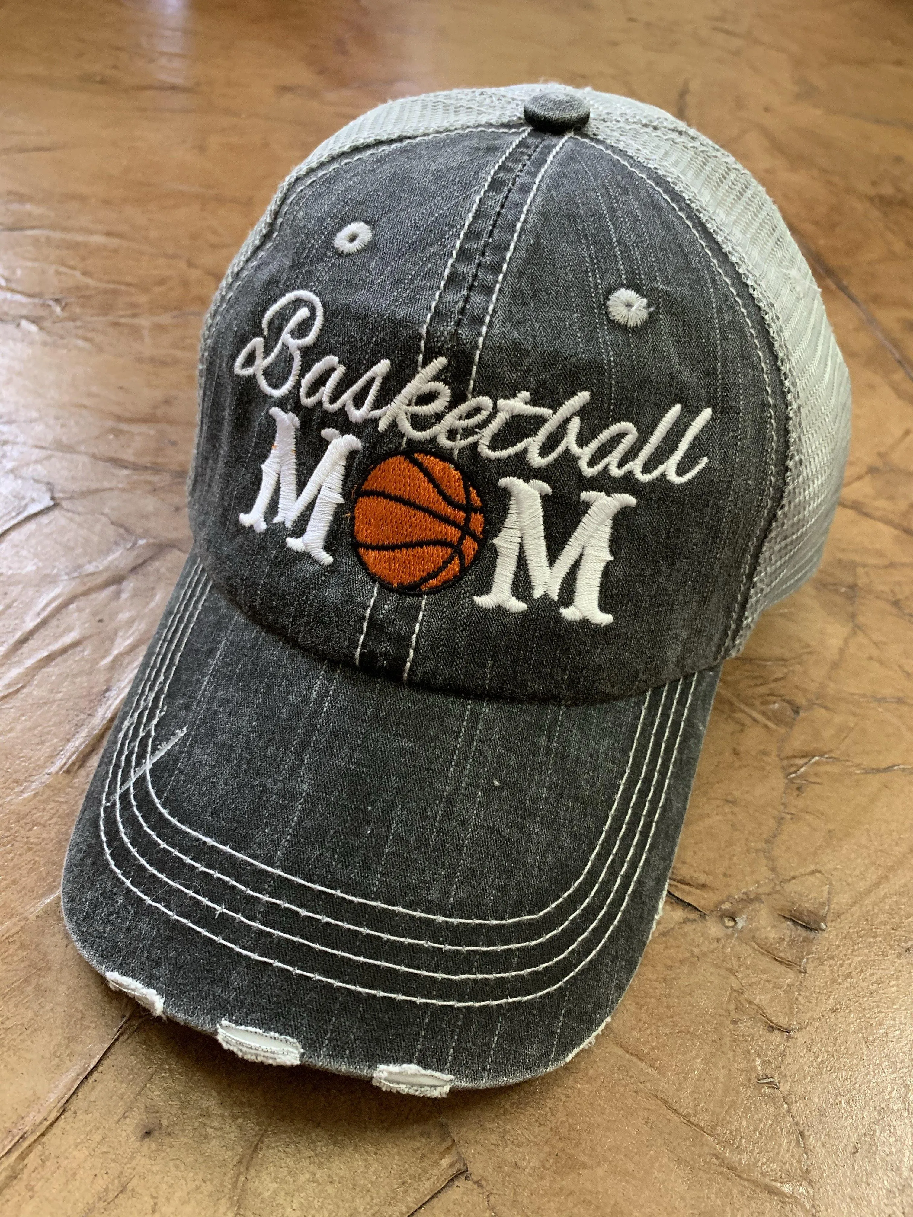 Basketball hats Basketball mom Personalized embroidered distressed gray womens trucker caps