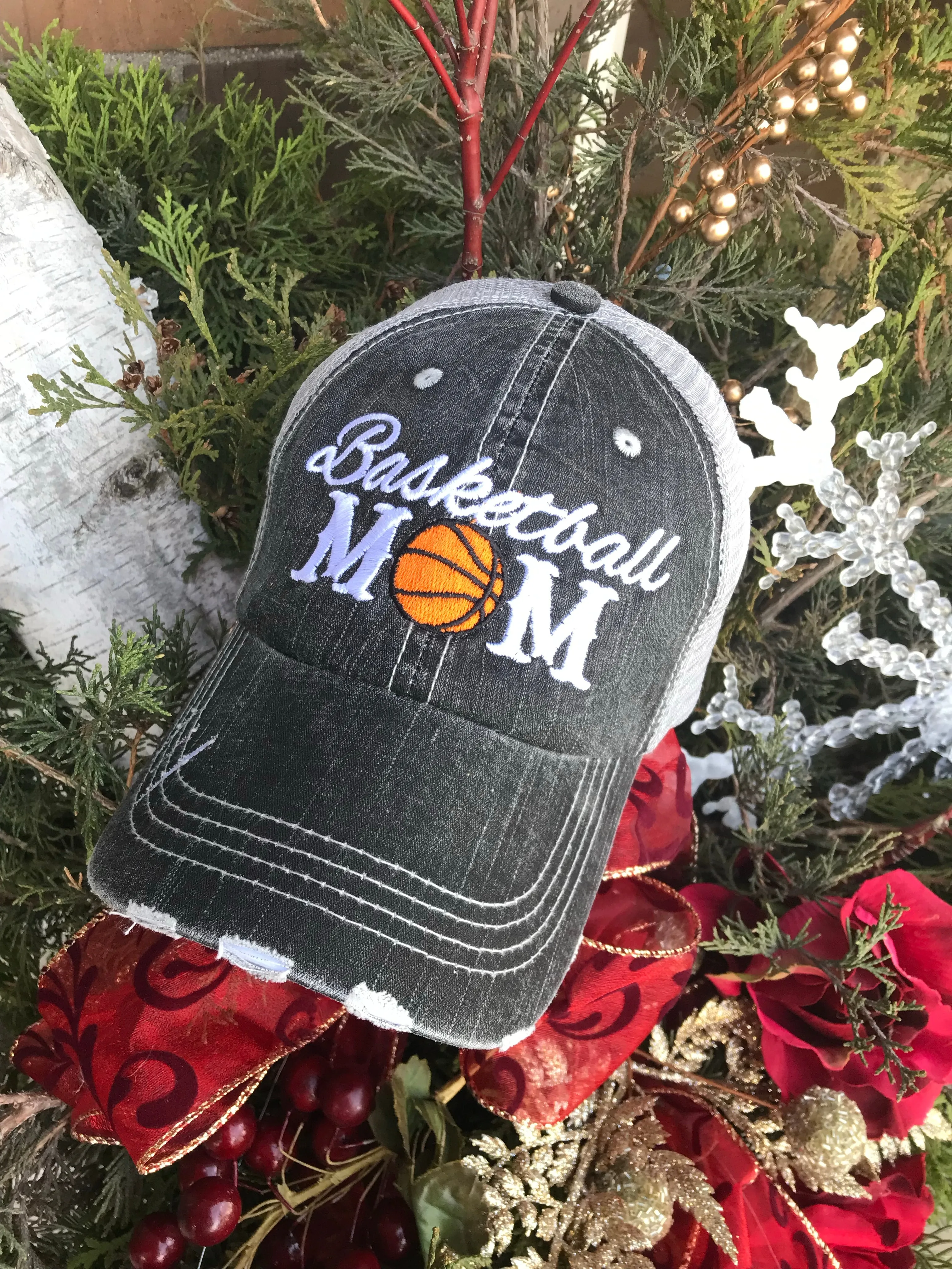 Basketball hats Basketball mom Personalized embroidered distressed gray womens trucker caps