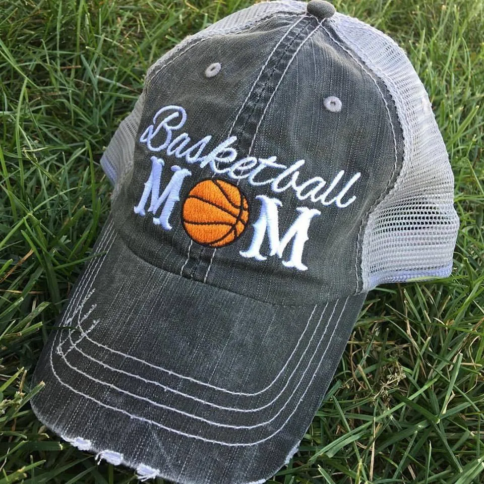 Basketball hats Basketball mom Personalized embroidered distressed gray womens trucker caps