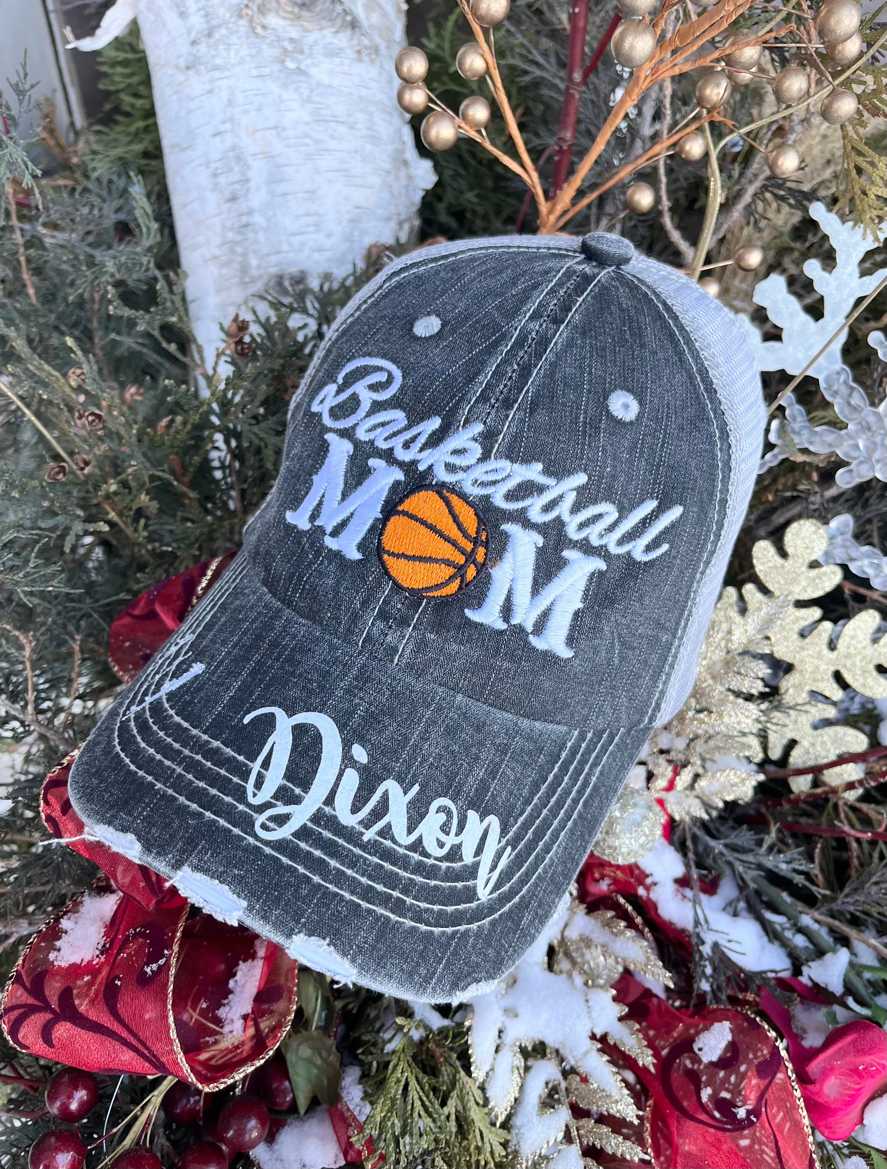 Basketball hats Basketball mom Personalized embroidered distressed gray womens trucker caps