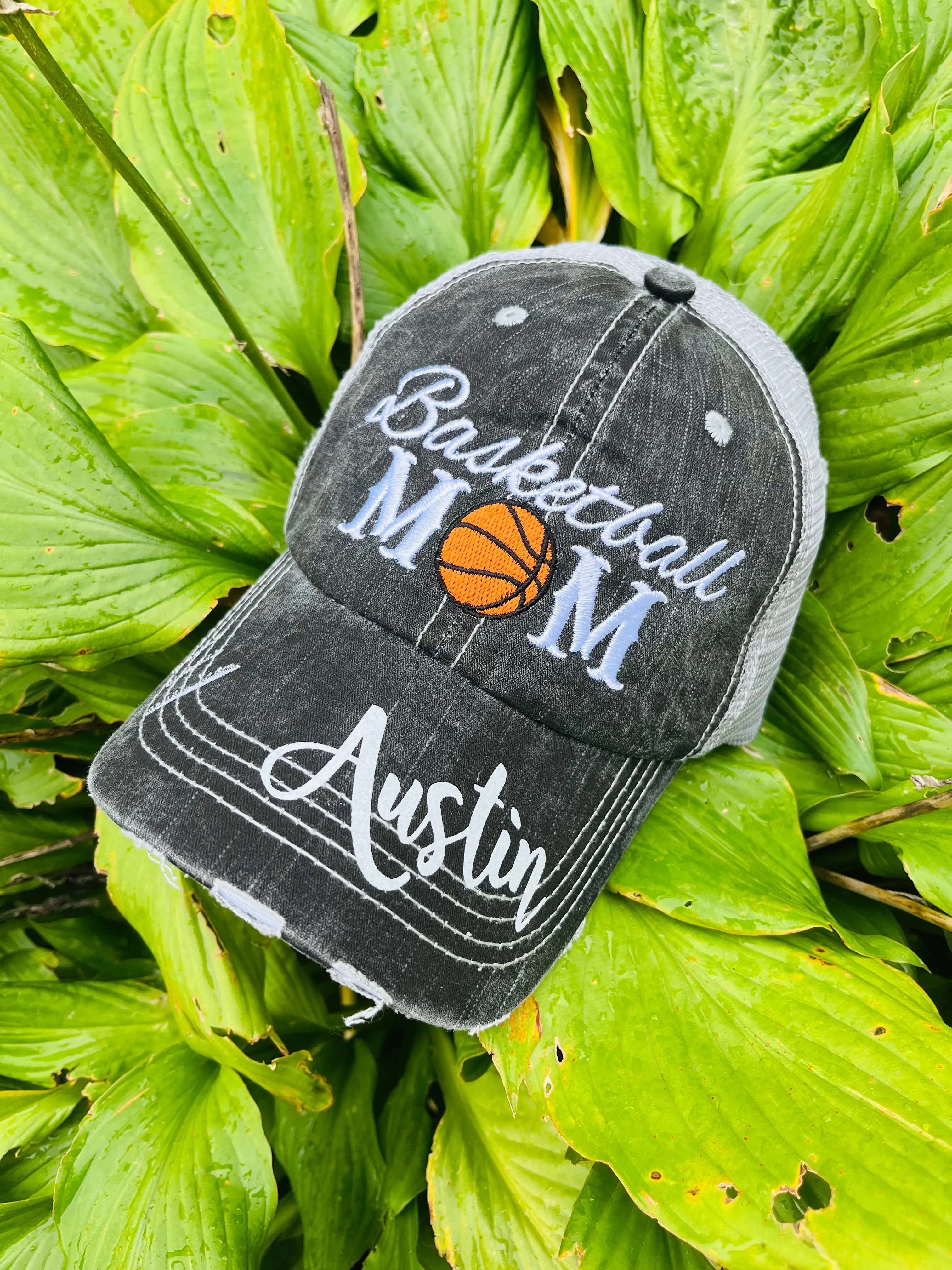 Basketball hats Basketball mom Personalized embroidered distressed gray womens trucker caps