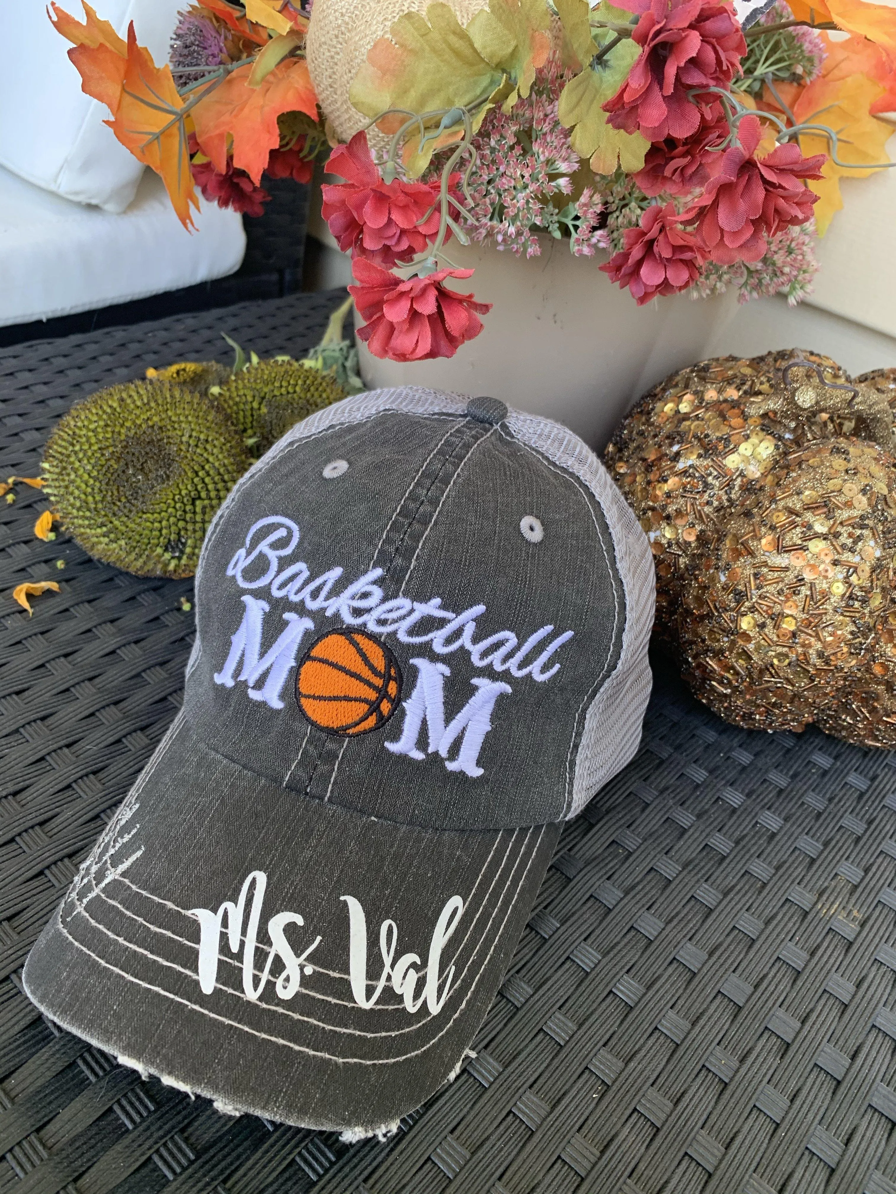 Basketball hats Basketball mom Personalized embroidered distressed gray womens trucker caps