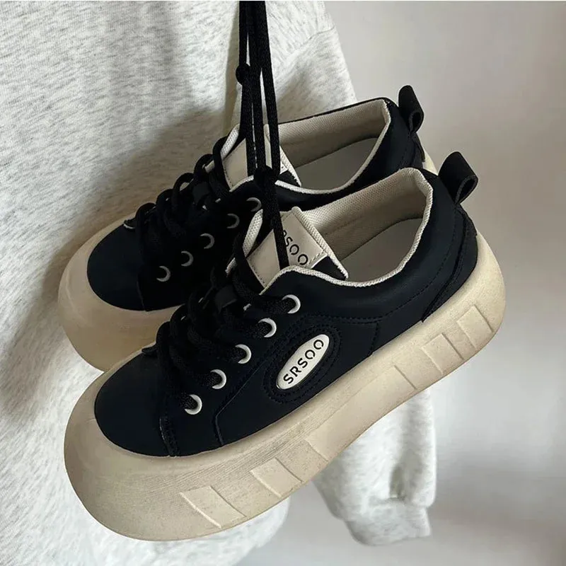 binfenxie  -  Versatile Thick Bottom Casual Sneakers New Women Advanced Little White Shoes Solid Color Lace-up Sports Board Shoes Women