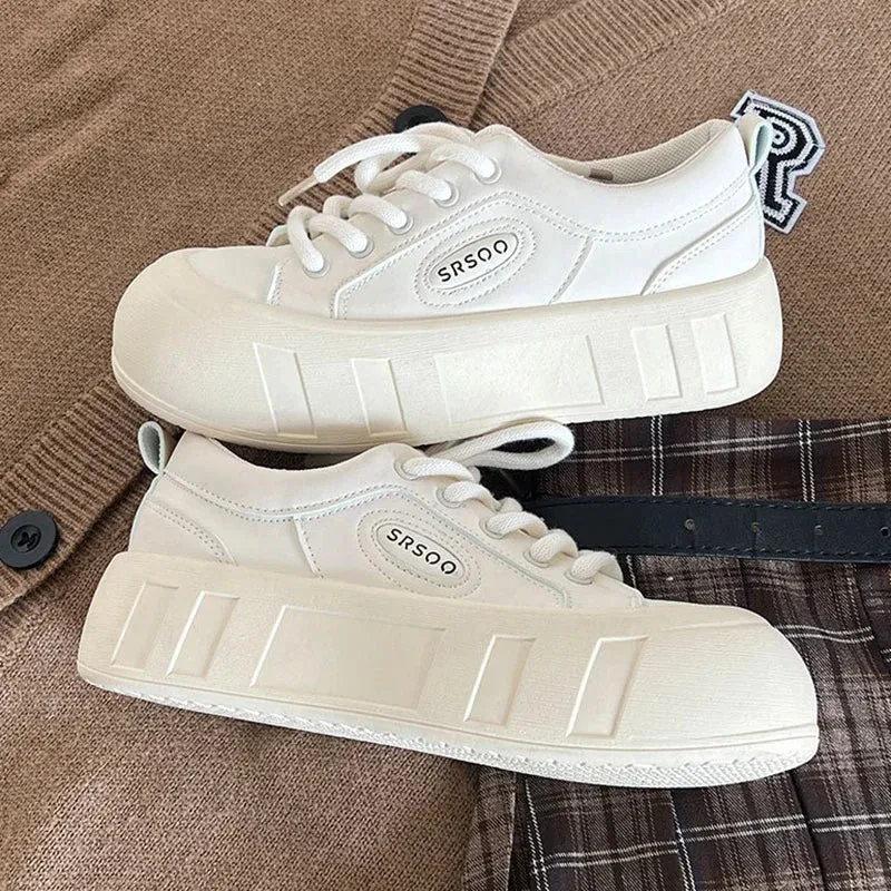 binfenxie  -  Versatile Thick Bottom Casual Sneakers New Women Advanced Little White Shoes Solid Color Lace-up Sports Board Shoes Women