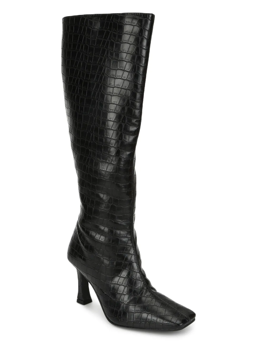 Black Croc PU Pointed Knee High Boots