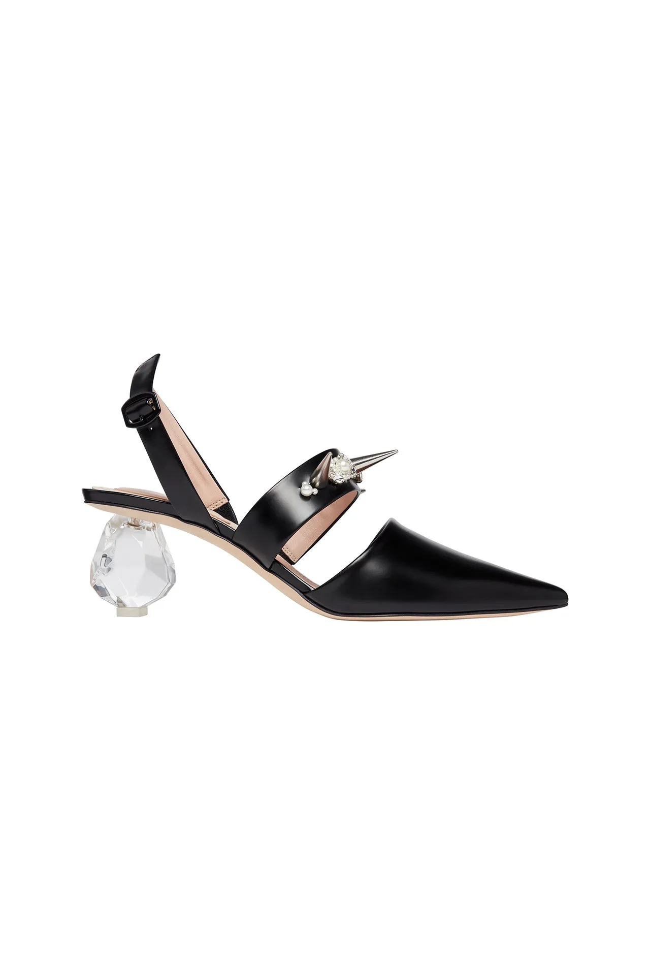 Black Low Perspex Heel Leather Pointed Pump with Beading