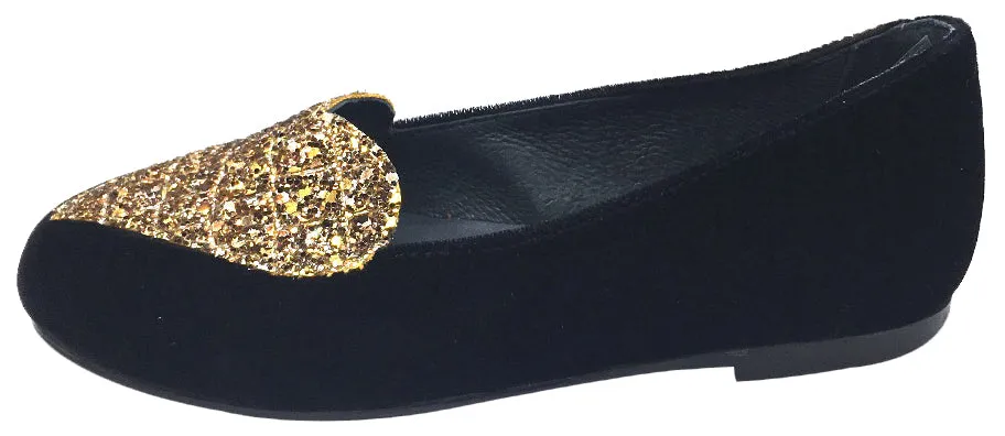 BluBlonc Black Velvet Ballet Flat with Gold Sparkle Heart Embellishment