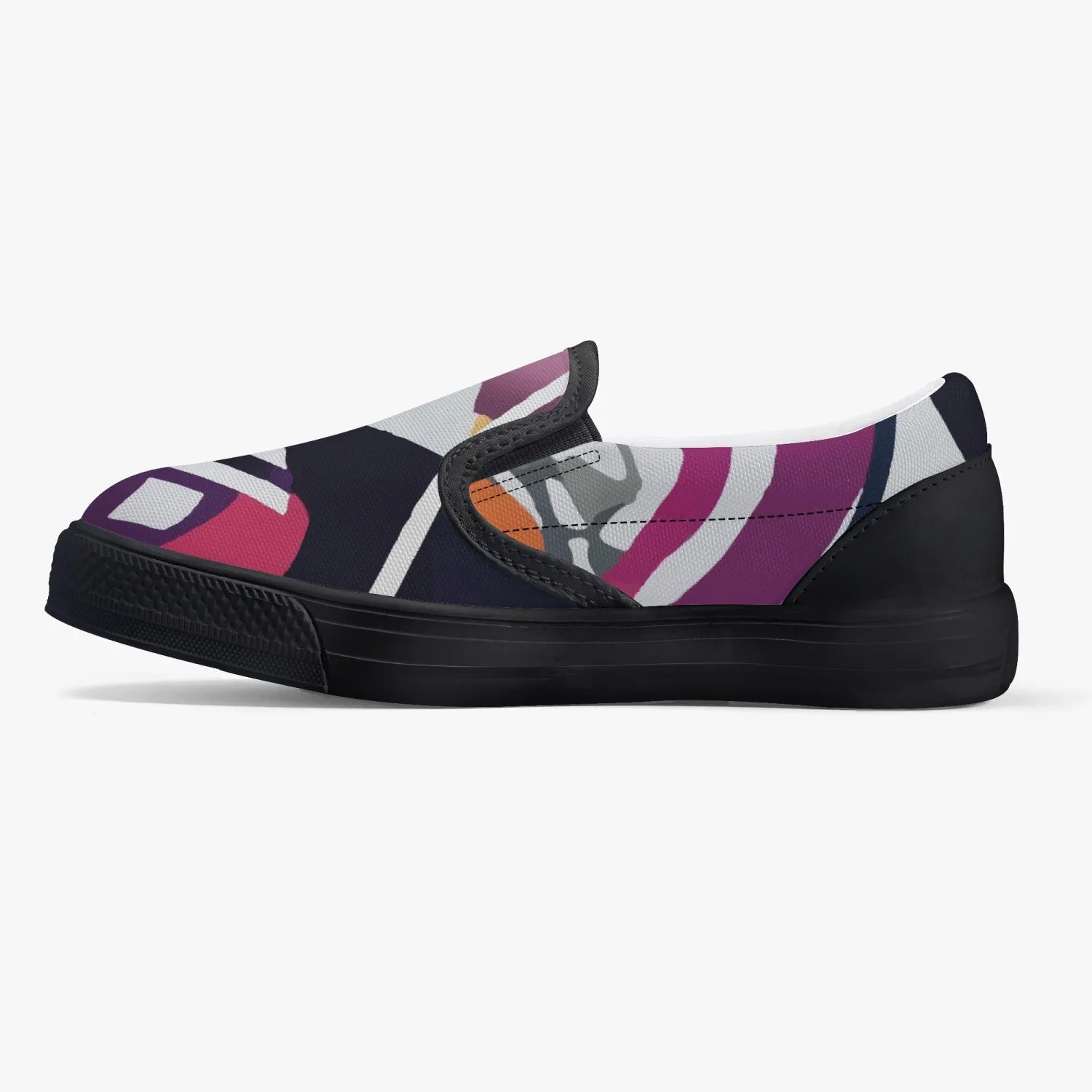 Chaussures à enfiler pour enfants, noires "Abstrait violet, blanc et noir" (215)