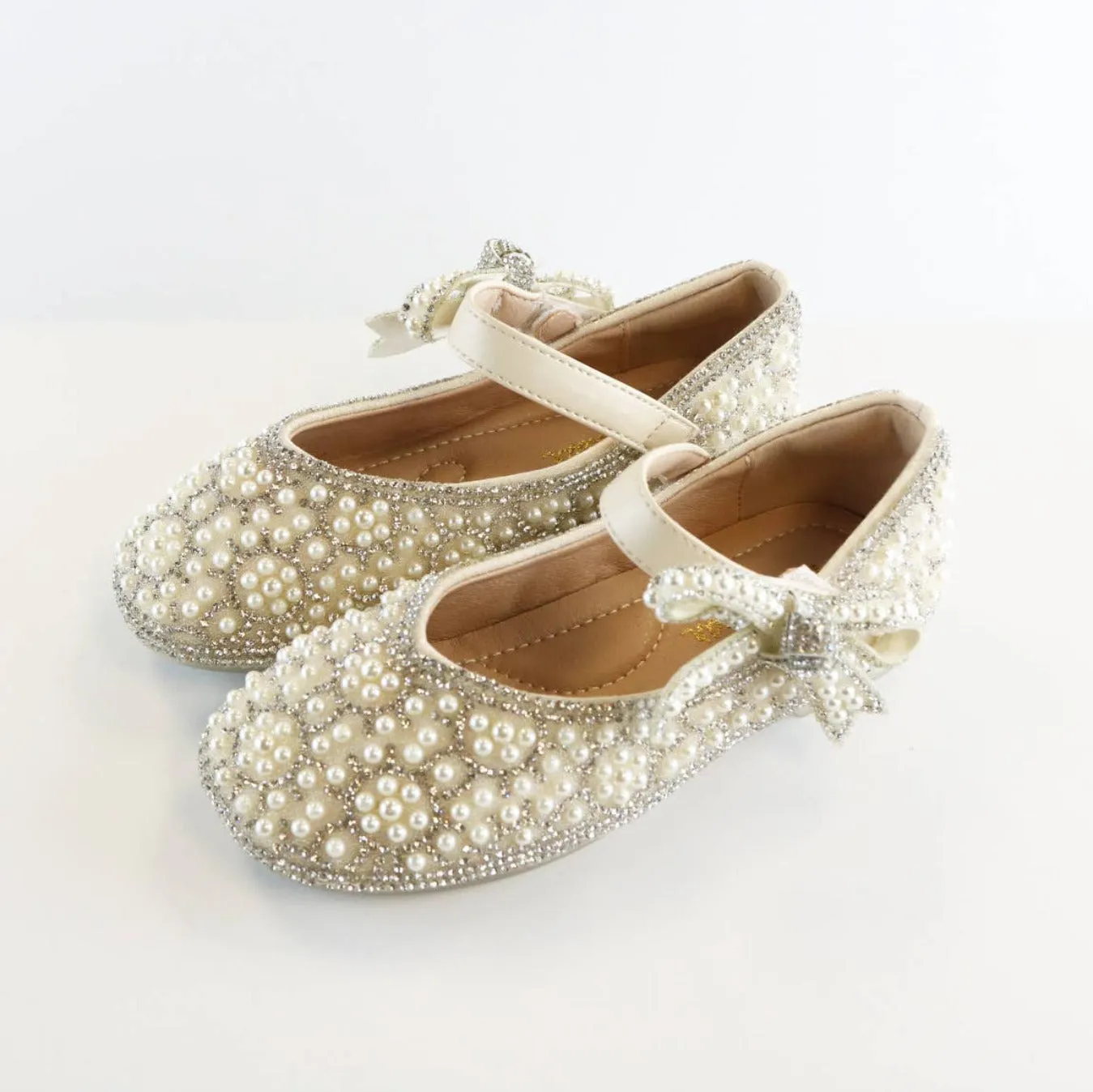 Doe A Dear BEIGE Bowtie Strap Jewel Flat Girls Dress Shoes