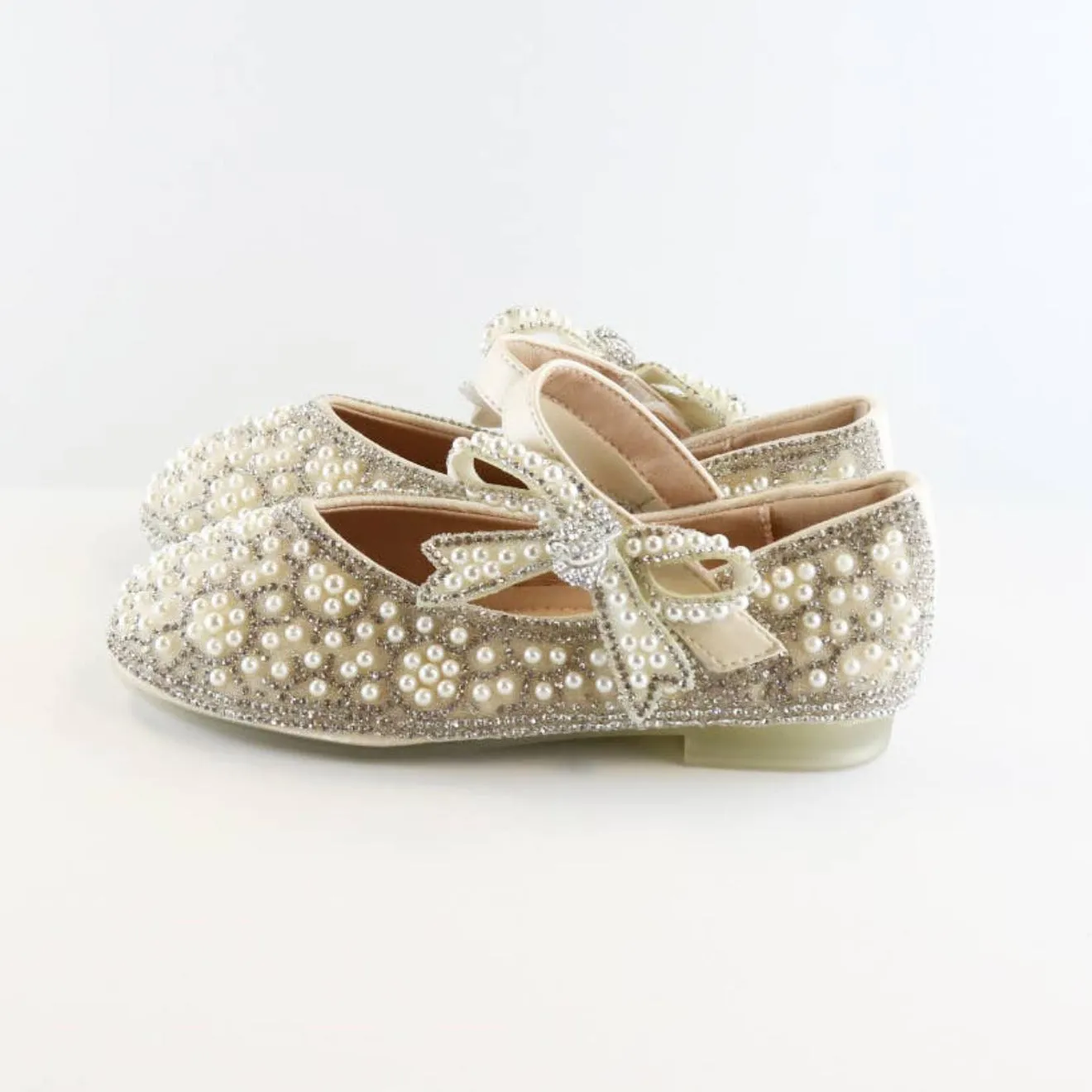 Doe A Dear BEIGE Bowtie Strap Jewel Flat Girls Dress Shoes