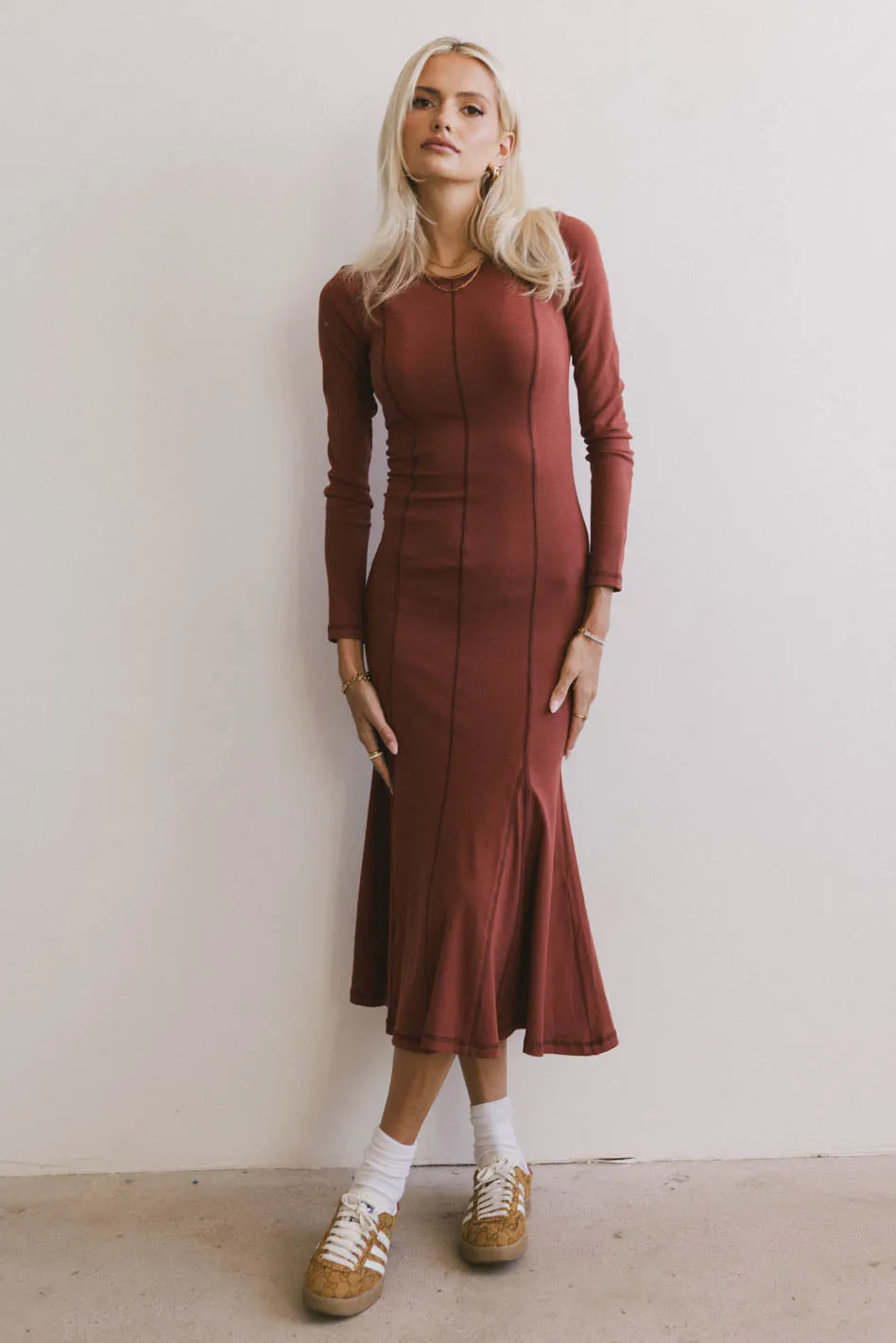 Fiona Ribbed Godet Dress in Rust