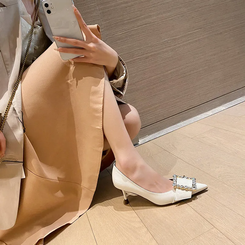 Gitty Pointed Toe White Rhinestone Heels