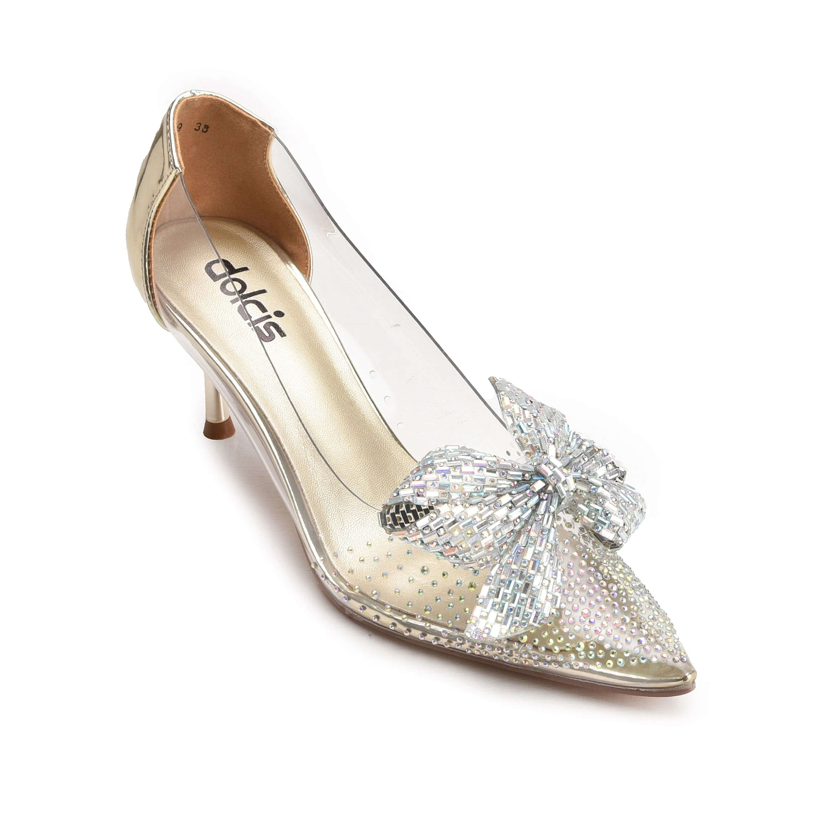 Glamorous Gold Transparent Kitten Heel Pumps | 428N-X