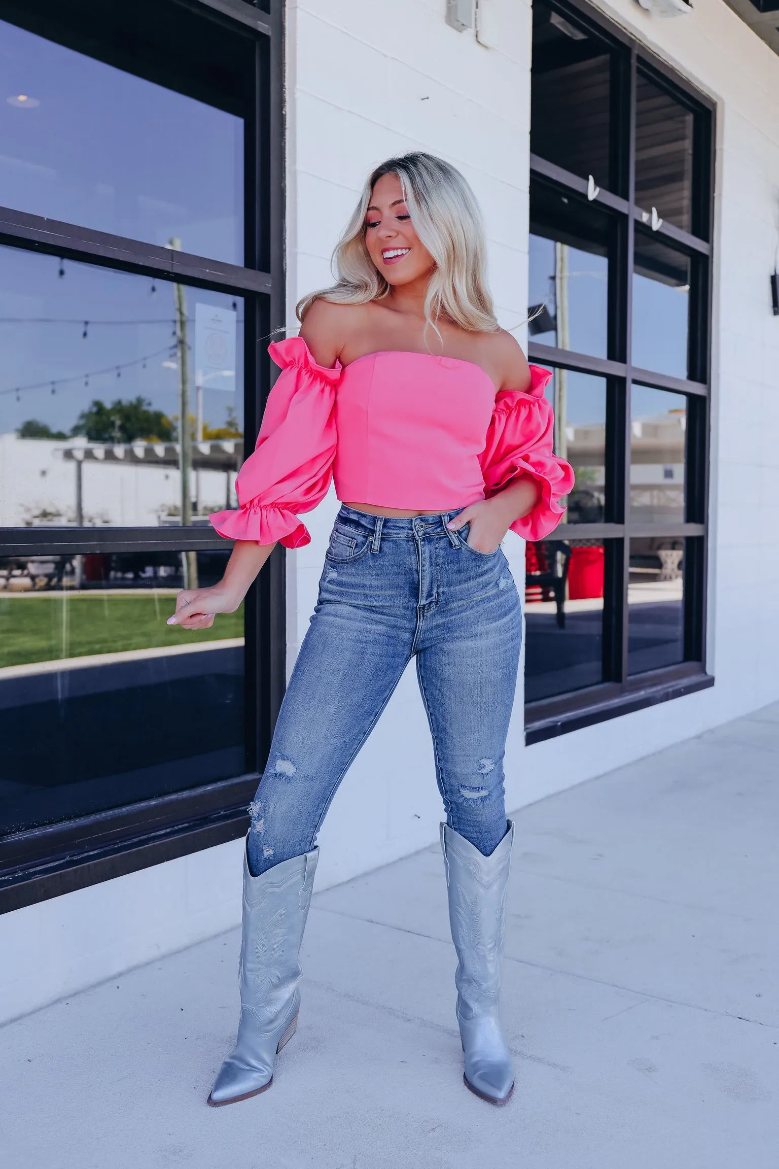 Isabella Off Shoulder Crop Top - Pink