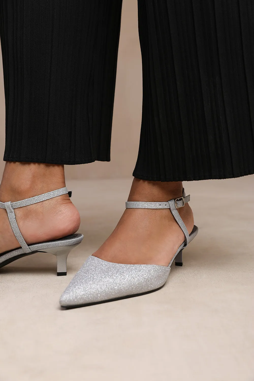 MALTA WIDE FIT LOW KITTEN HEELS WITH POINTED TOE AND ANKLE STRAP IN SILVER FINE GLITTER