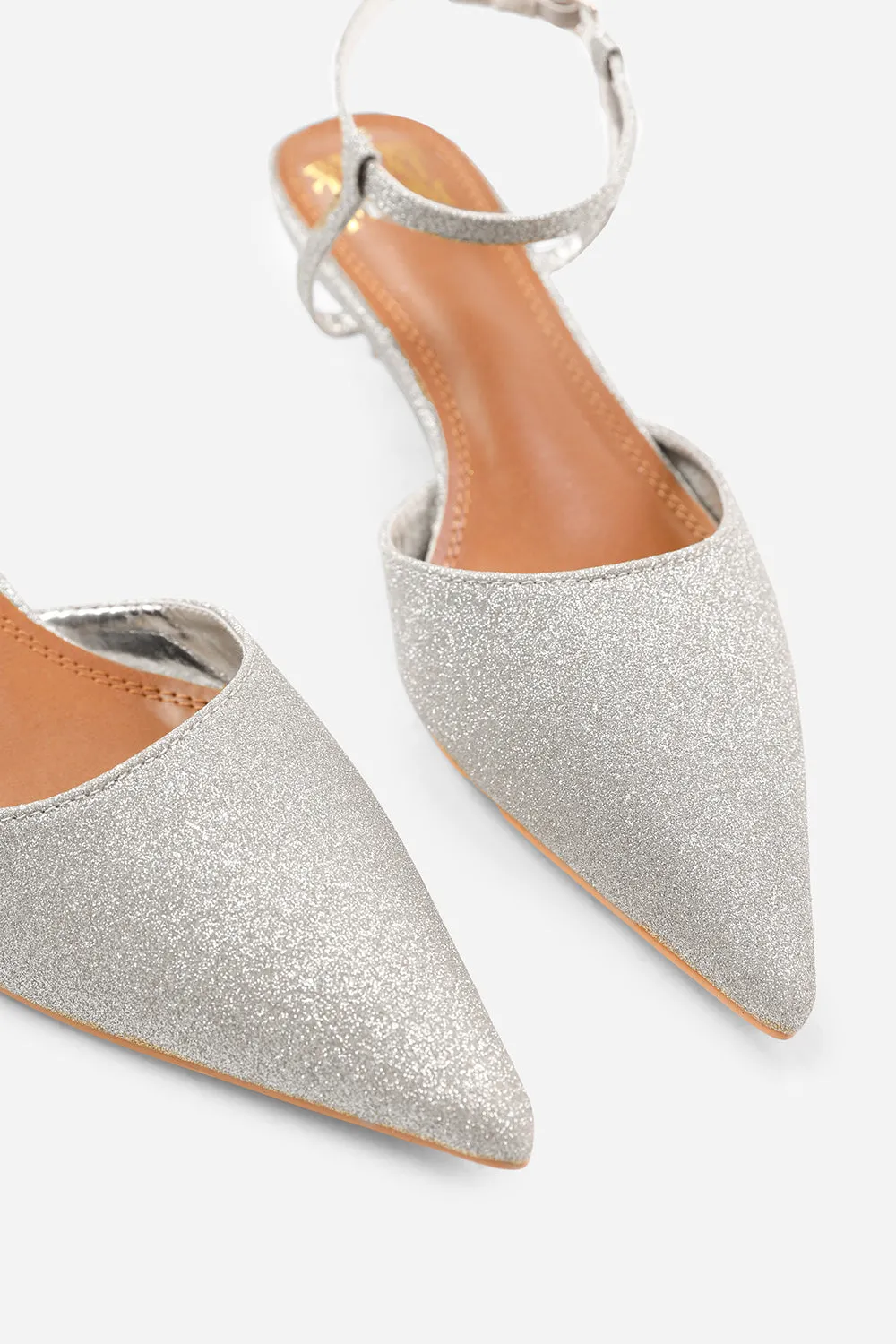 MALTA WIDE FIT LOW KITTEN HEELS WITH POINTED TOE AND ANKLE STRAP IN SILVER FINE GLITTER