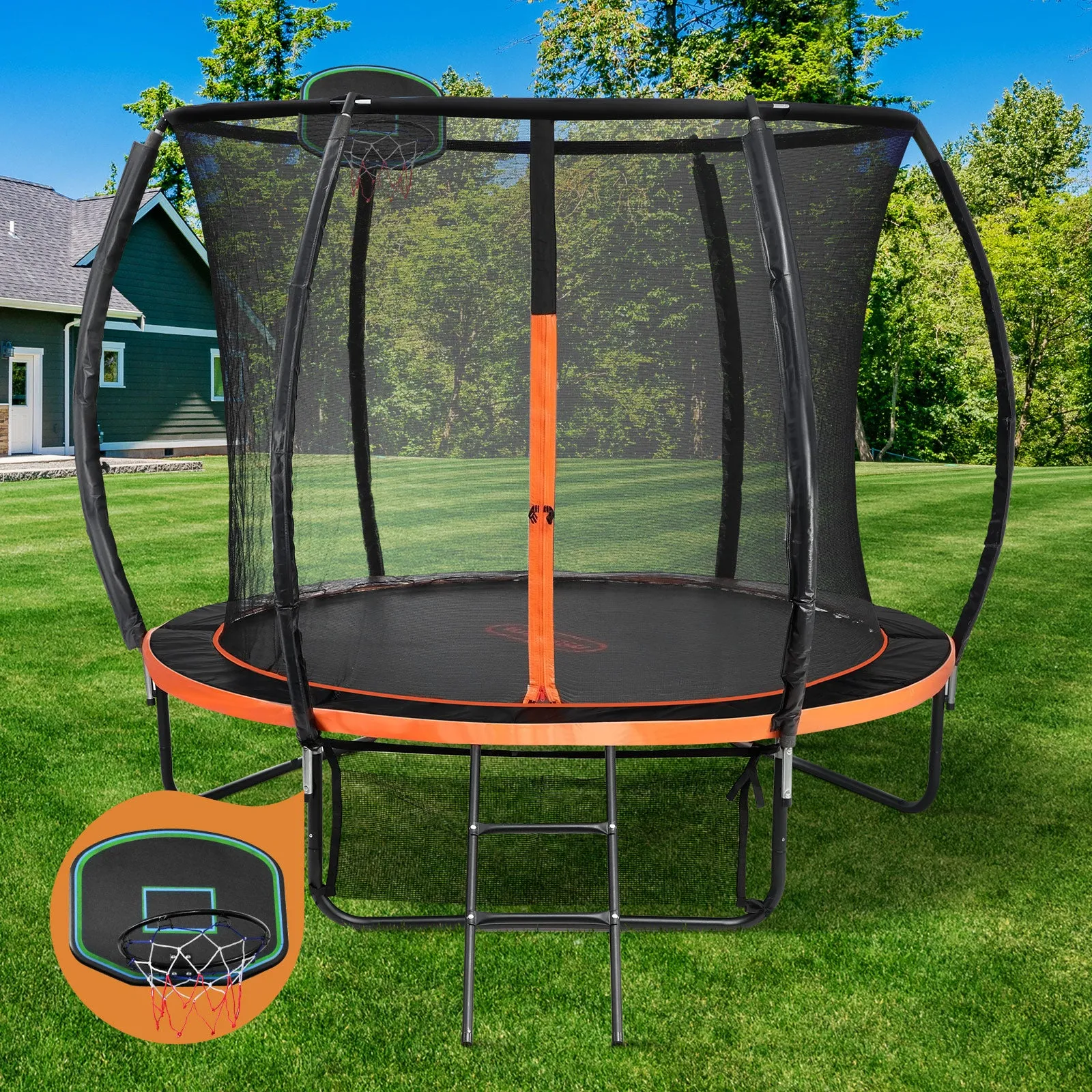 Mazam 10FT Trampoline Kids Tramplines Safety Net Basketball Set Ladder Round