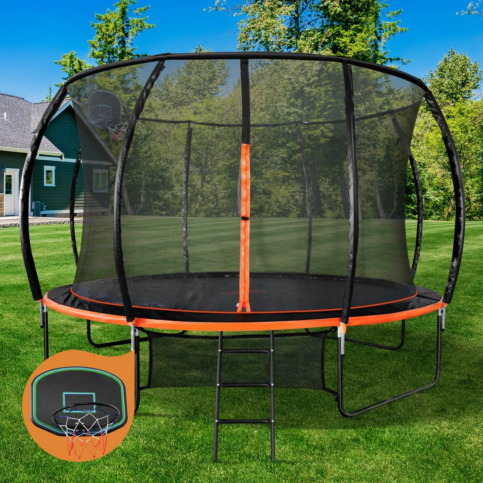 Mazam 12FT Trampoline Kids Tramplines Safety Net Basketball Set Ladder Round