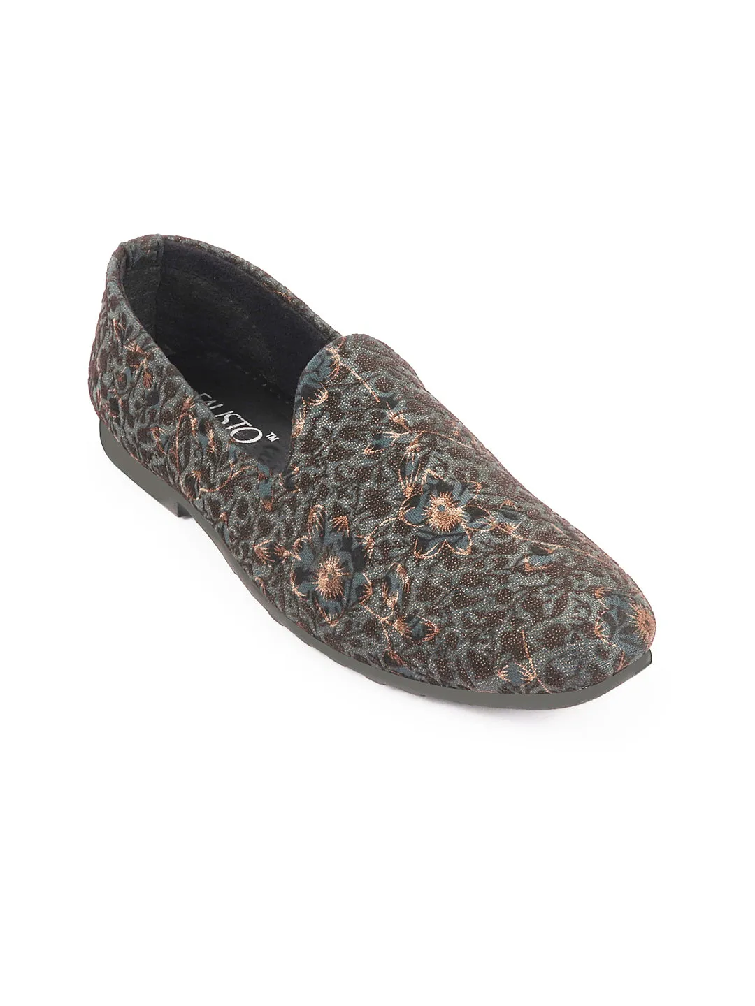 Men Brown Floral Print Embellish Design Ethnic Wedding Party Pom Slip on Shoes