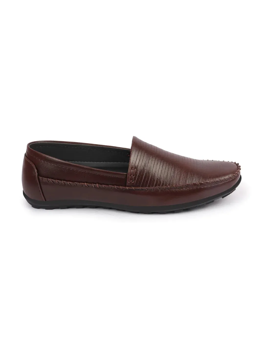 Men Brown Side Stitched Broad Feet Ethnic Slip On Shoes