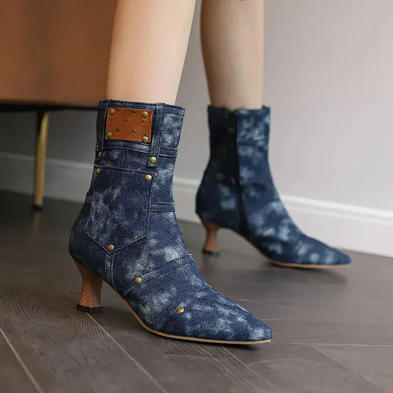 Merendy Nesma  Plus size pointed toe kitten heels denim ankle boots