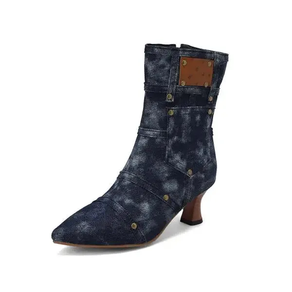 Merendy Nesma  Plus size pointed toe kitten heels denim ankle boots