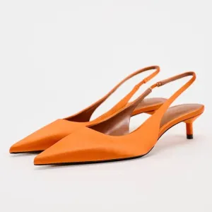 Merendy Rana pointed toe kitten heels slingback orange pumps