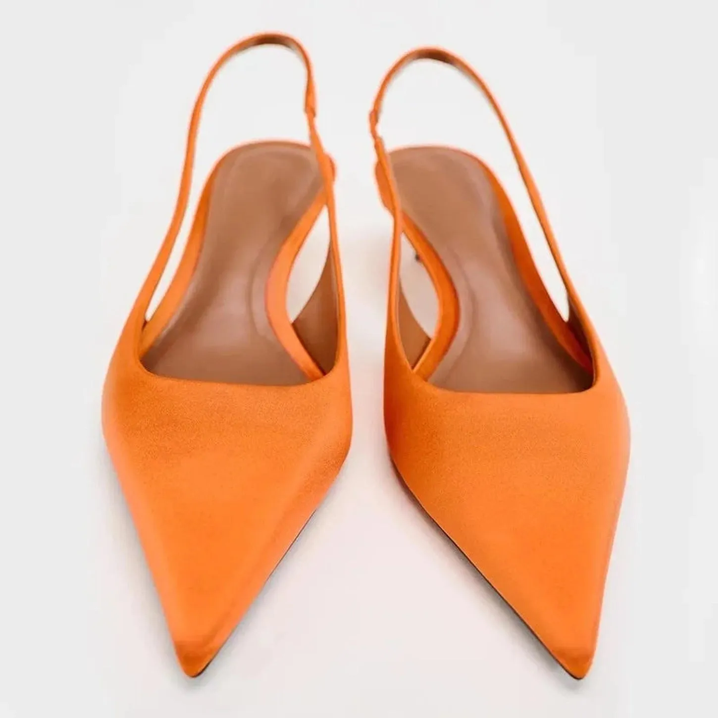 Merendy Rana pointed toe kitten heels slingback orange pumps