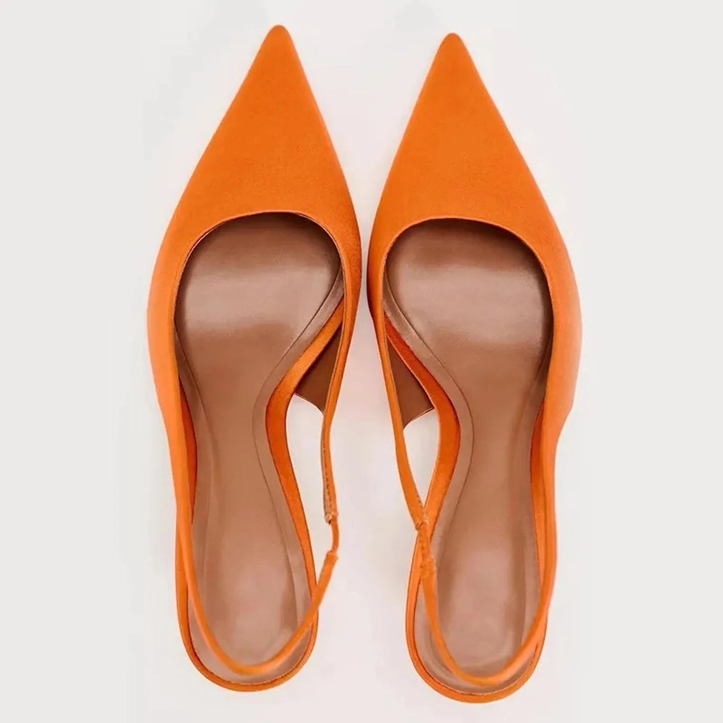 Merendy Rana pointed toe kitten heels slingback orange pumps