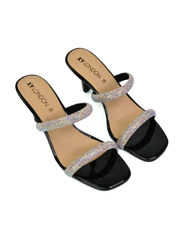 Nancy Square Toe Diamante Strappy Slip On Low Kitten Heel Mules in Silver