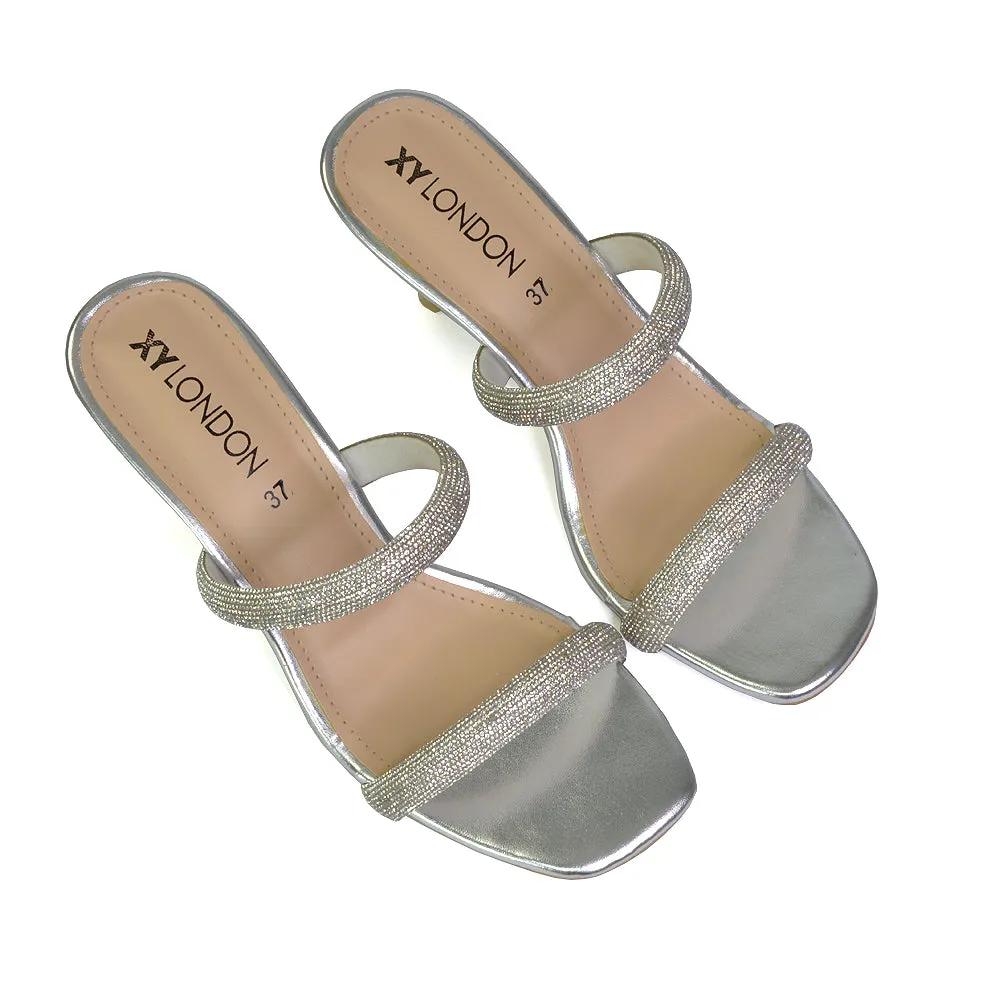 Nancy Square Toe Diamante Strappy Slip On Low Kitten Heel Mules in Silver