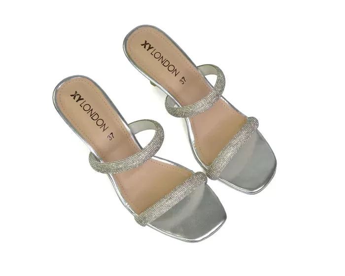 Nancy Square Toe Diamante Strappy Slip On Low Kitten Heel Mules in Silver