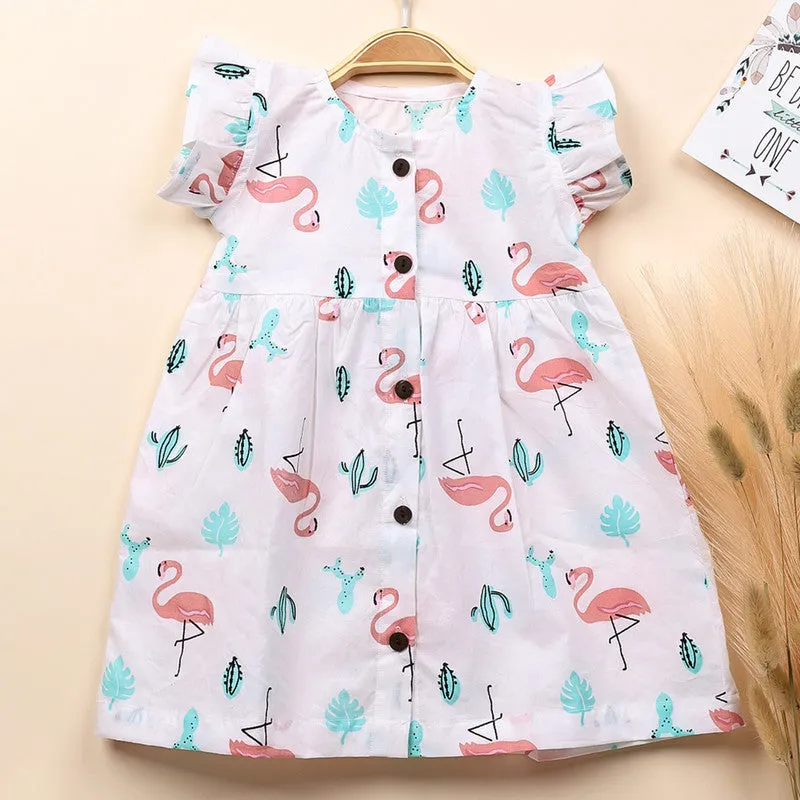 Organic Cotton Muslin Sleevless Frock Dress Baby Girl | Flamingo Printed | Green