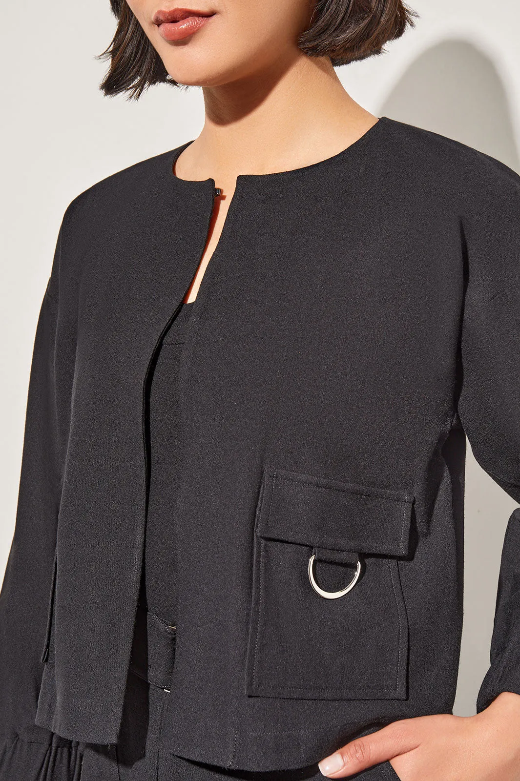 Plus Size Relaxed Fit Jacket - Drop Shoulder Deco Crepe, Black