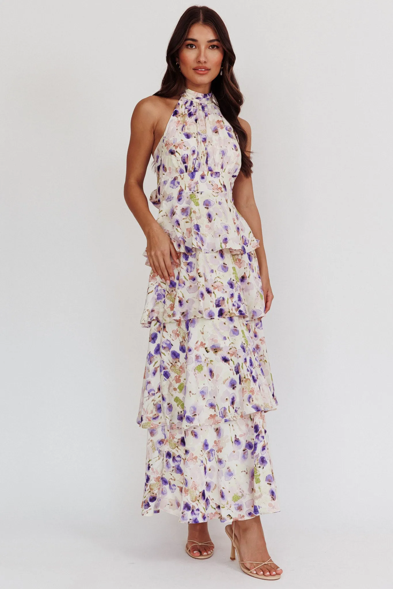 Provence Bloom Tiered Halterneck Dress Blue