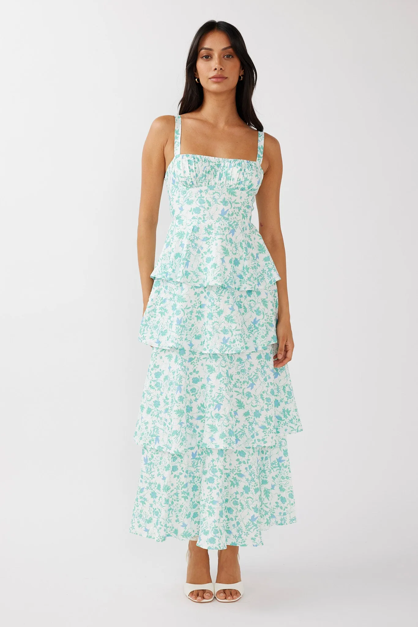 Provence Bloom Tiered Midi Dress Floral Green