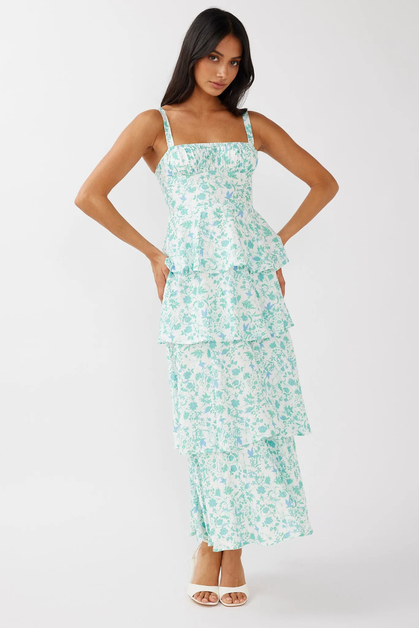 Provence Bloom Tiered Midi Dress Floral Green