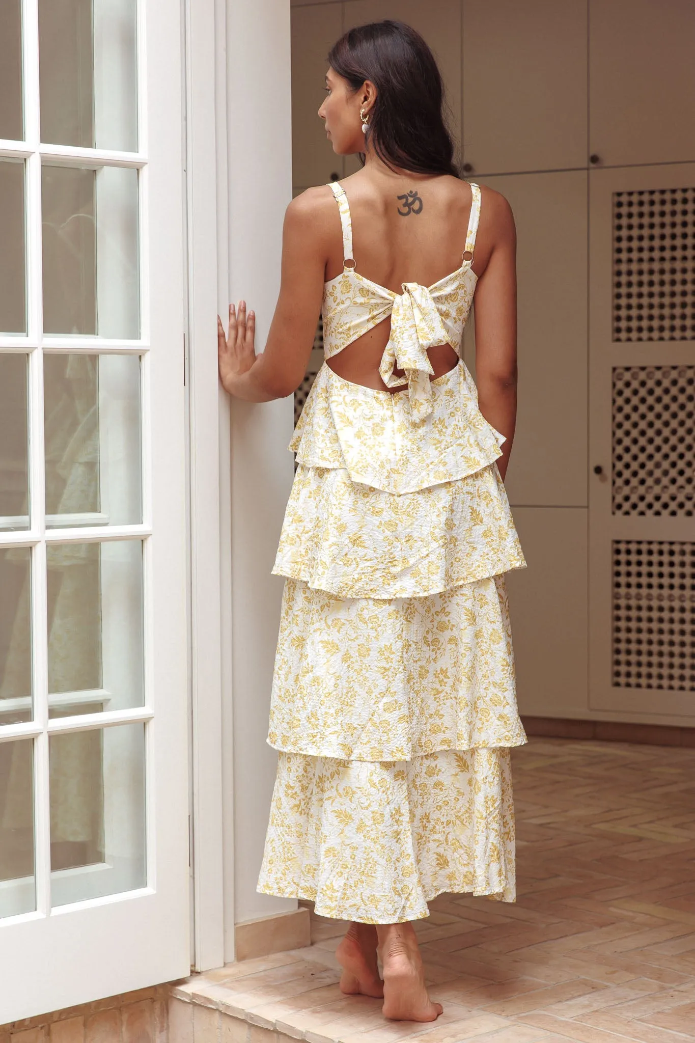 Provence Bloom Tiered Midi Dress Floral Yellow