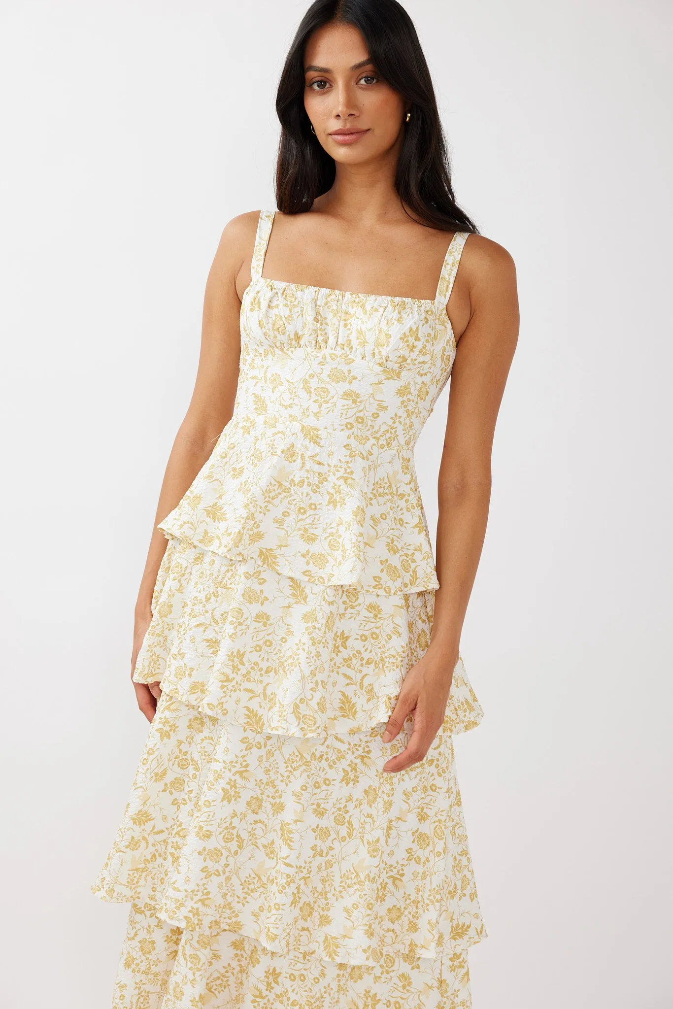 Provence Bloom Tiered Midi Dress Floral Yellow