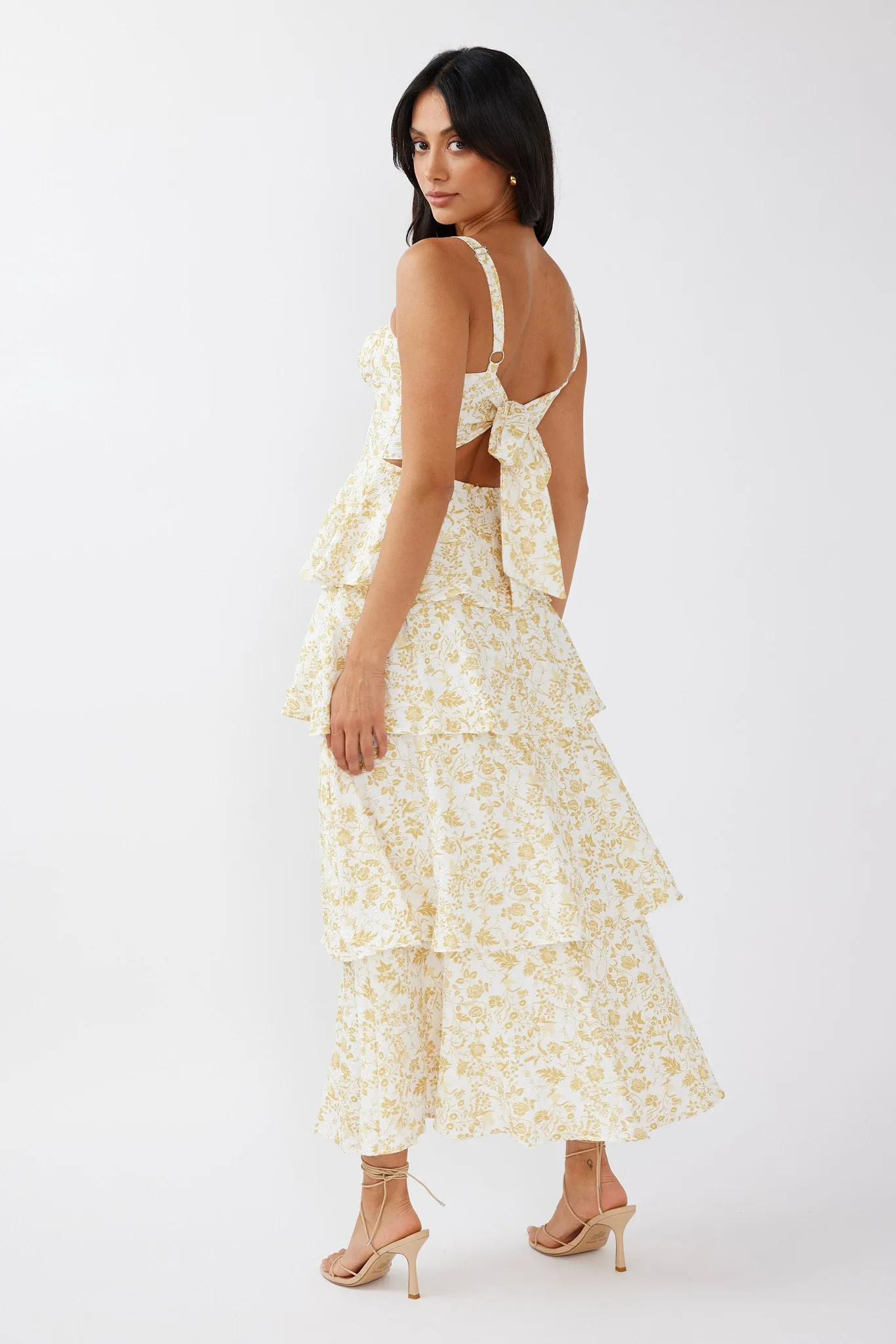 Provence Bloom Tiered Midi Dress Floral Yellow