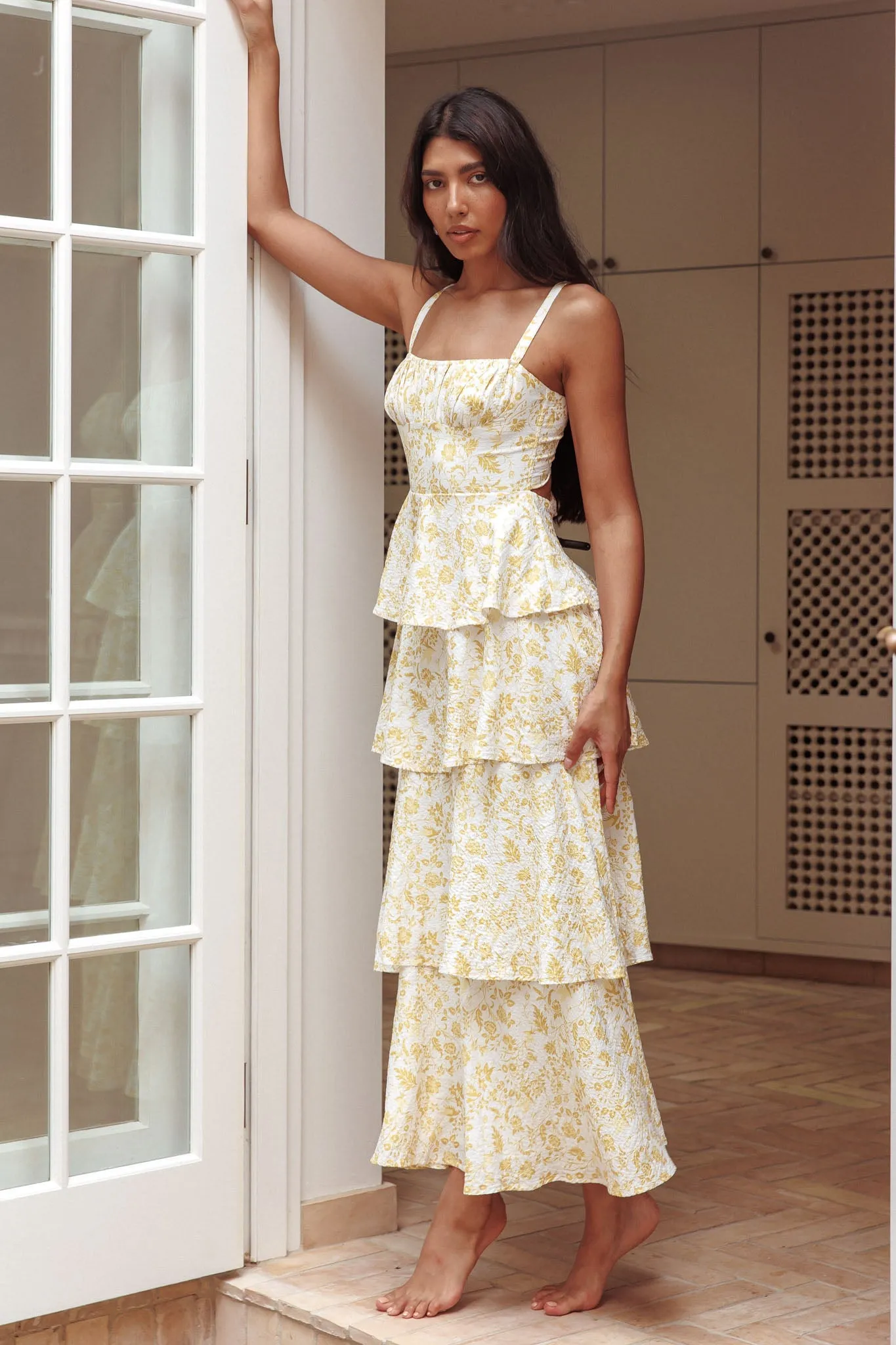 Provence Bloom Tiered Midi Dress Floral Yellow