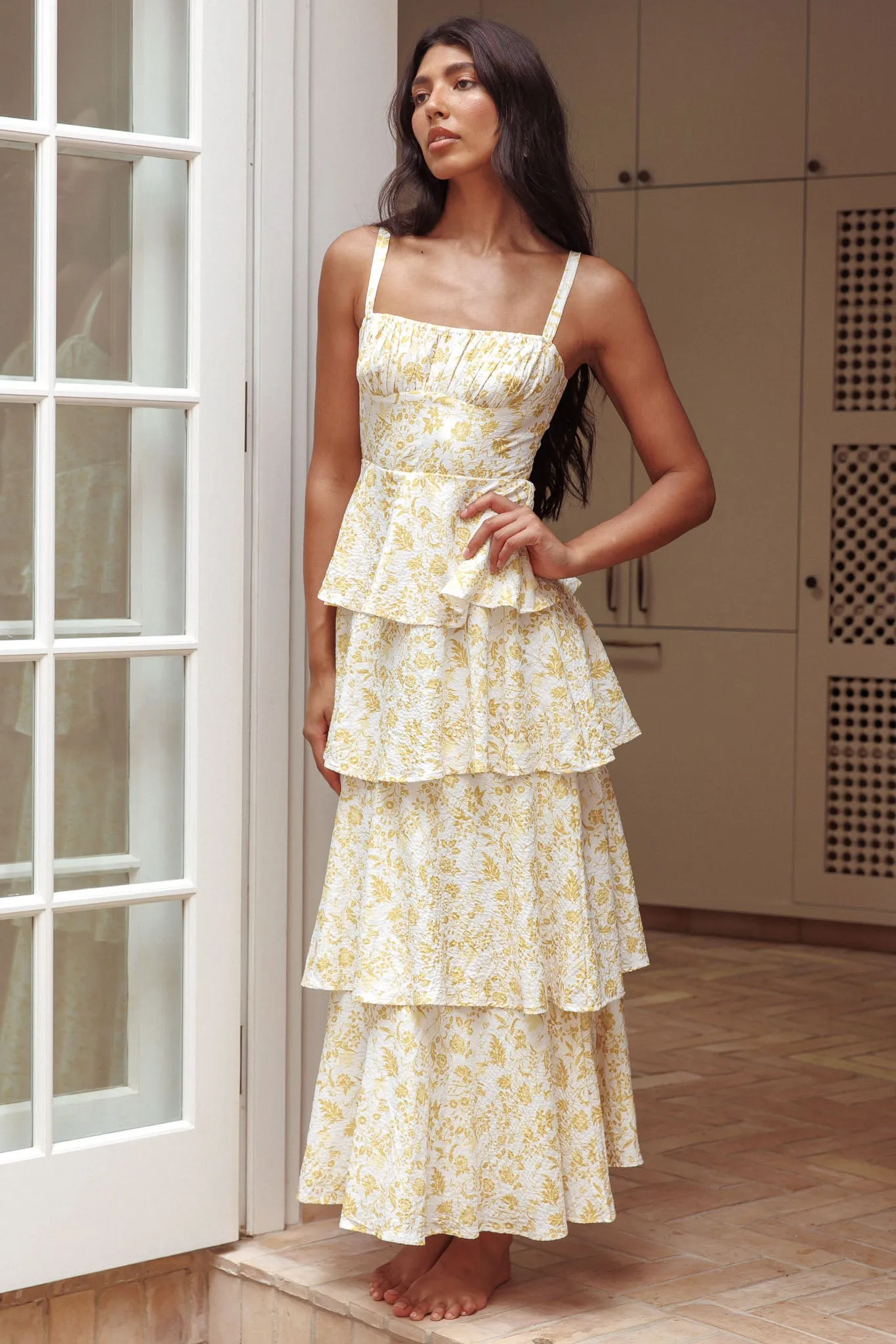 Provence Bloom Tiered Midi Dress Floral Yellow