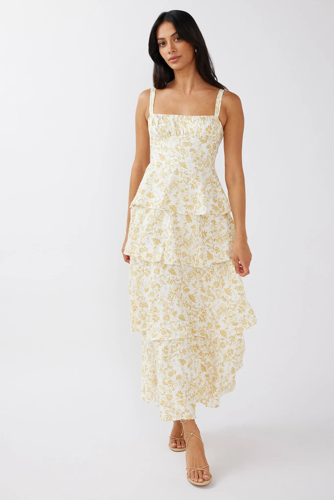 Provence Bloom Tiered Midi Dress Floral Yellow