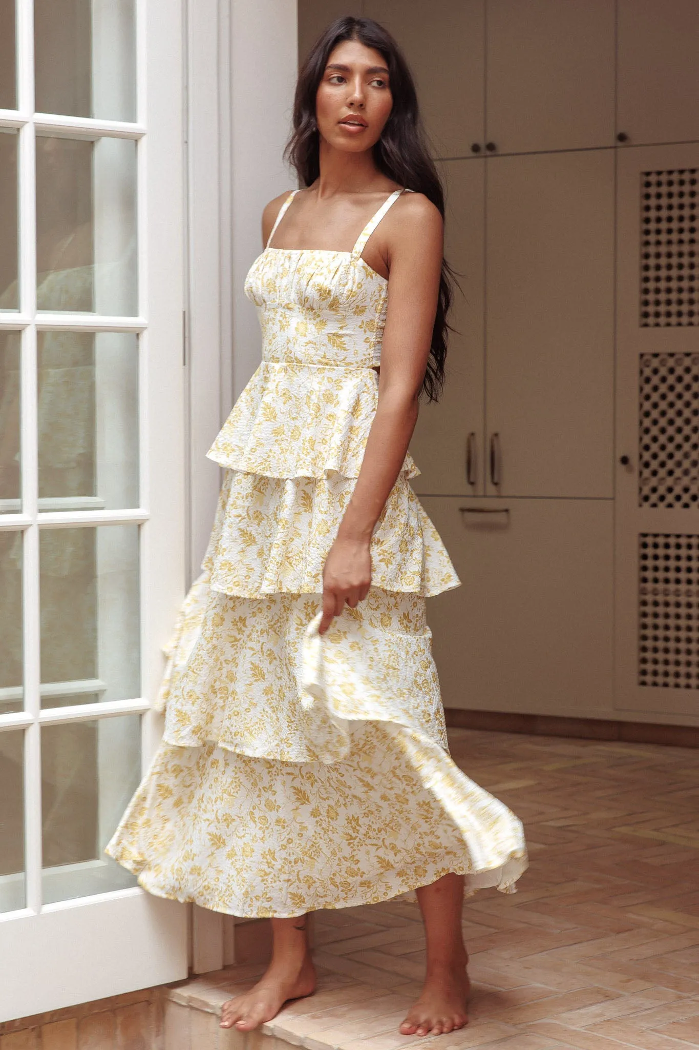 Provence Bloom Tiered Midi Dress Floral Yellow