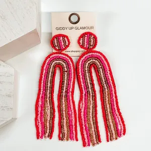 Rainbow Beaded Earrings with Tassels in Red