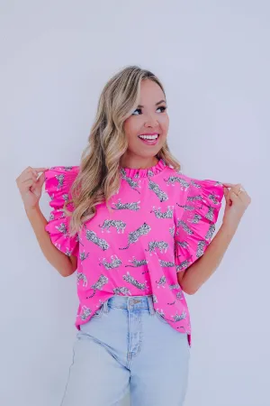 Rajah Ruffle Sleeve Printed Top - Pink